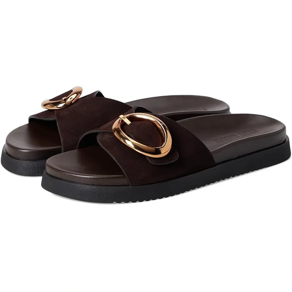 AUTHENTIC Steve Madden Dark Brown Sandals with Gold Buckle - Picture 7 of 7